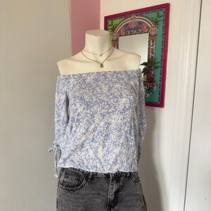 One Clothing Blue And White Floral Slouchy Off Shoulder Tie Sleeve Blouse